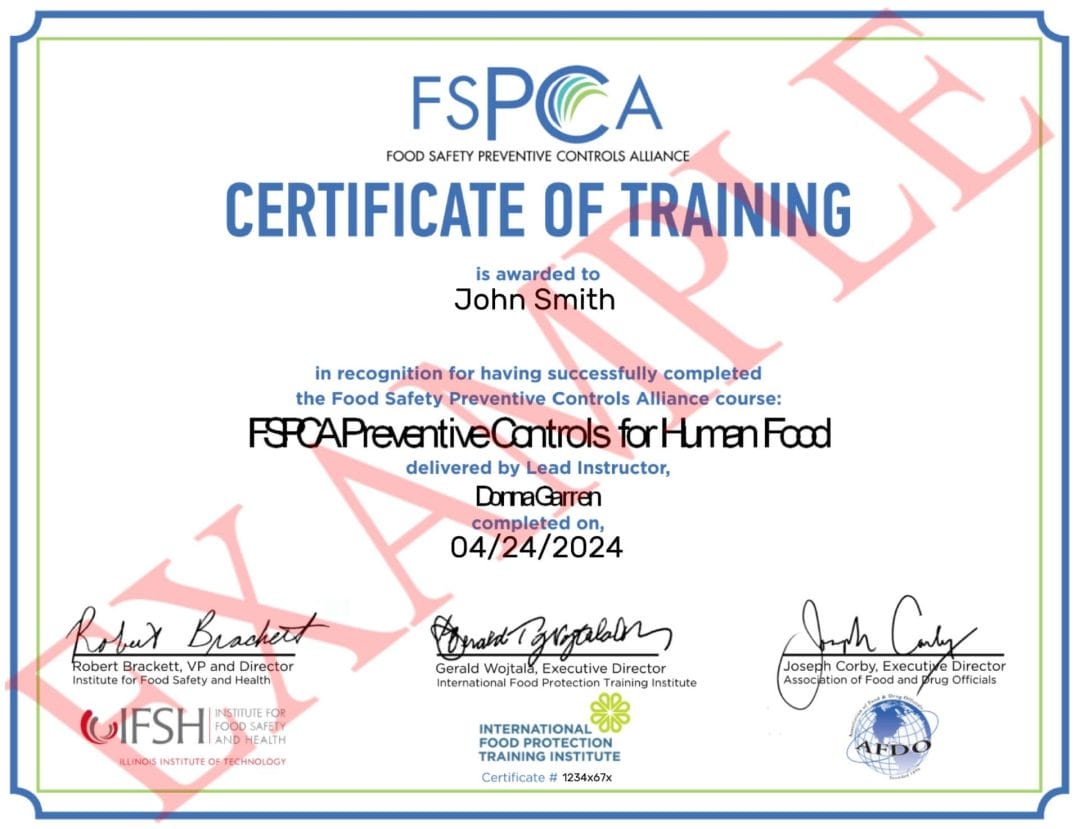 FSPCA Preventive Controls for Human Food Training Certificate Example